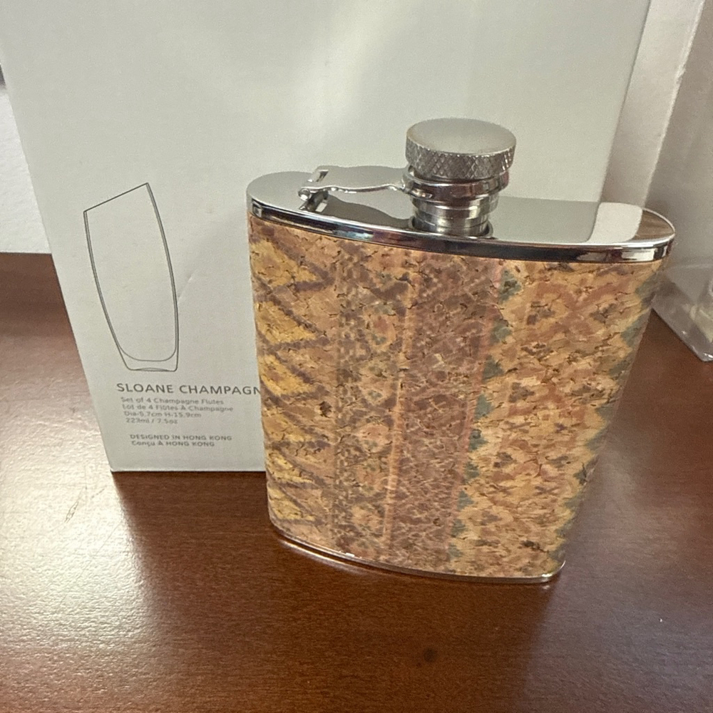 Flask and Flutes- Brown and Silver Flask and set of Champagne Flutes
